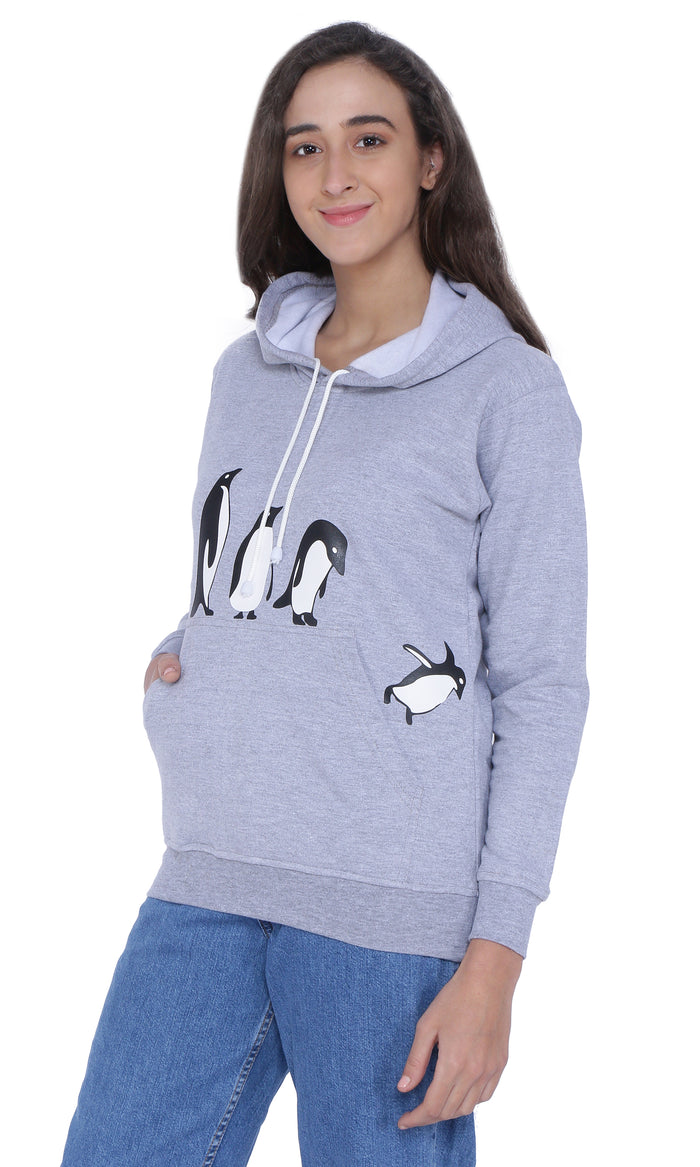 Neo Garments Women's Cotton Fashion Hooded Pullover Sweatshirt with Kangaroo Pockets | PENGUIN | GREY | SIZES - S - 36" TO 3XL - 46"