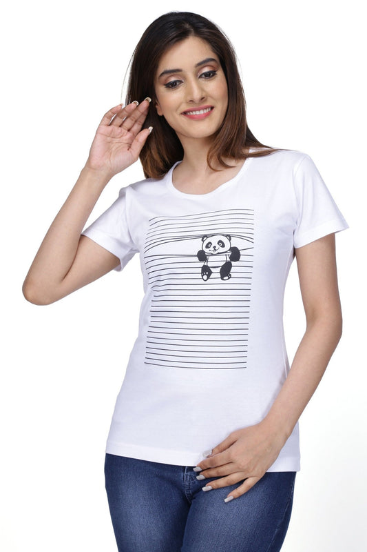 Women's Cotton Round Neck T-shirt - PANDA , front view