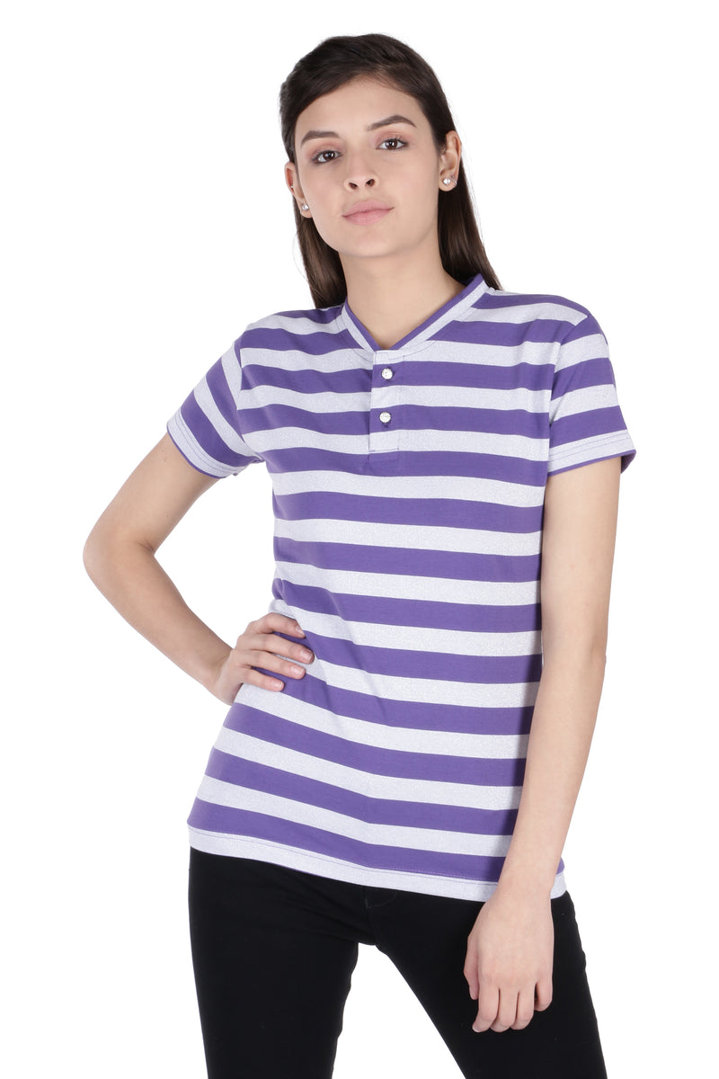 NEO GARMENTS WOMEN STRIPED GLOW BUTTON UP V-NECK T-SHIRT | SIZE FROM - XS - 30" TO L - 36".