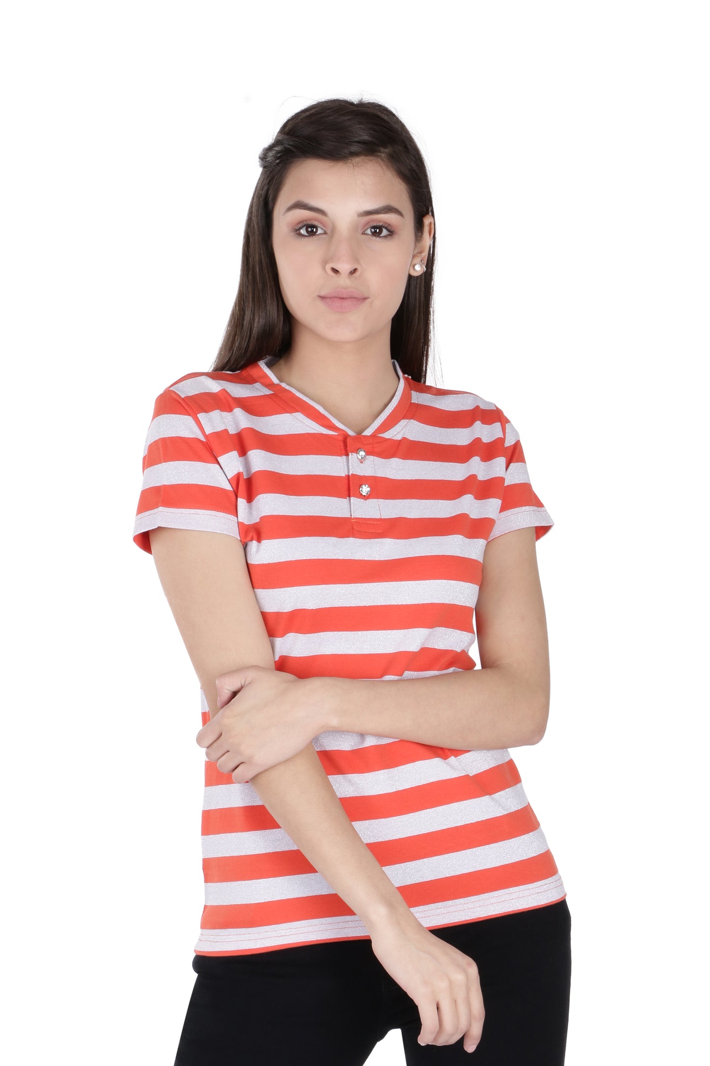 NEO GARMENTS WOMEN STRIPED GLOW BUTTON UP V-NECK T-SHIRT | SIZE FROM - XS - 30" TO L - 36".