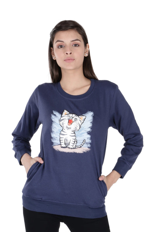 Women's Cotton Fashion Pullover Sweatshirt with Pockets | CAT Ha HaHa , front view