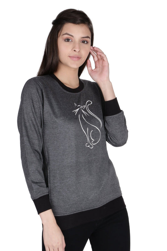 Women's Cotton Fashion Pullover Sweatshirt with Pockets | CAT OUTLINE , front view