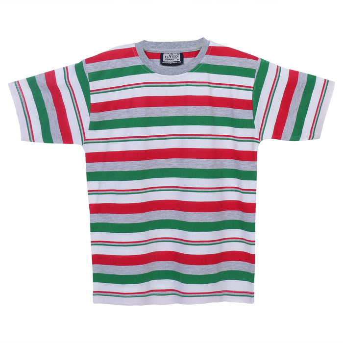 Boys Round Neck Cotton Striped T-Shirt, front view