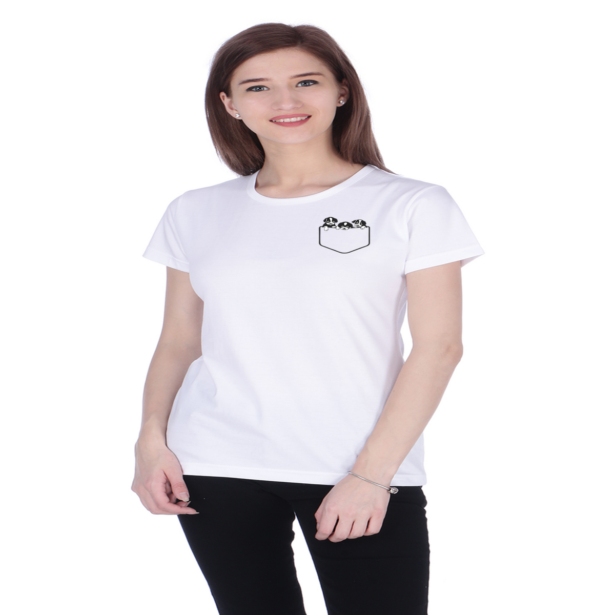 Women's Cotton Round Neck T-shirt - PUPPIES , front view