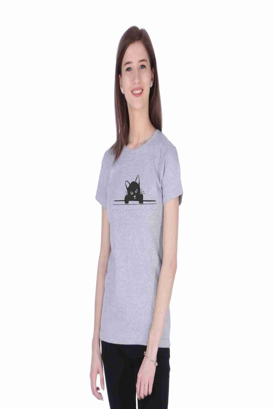Women's Cotton Round Neck T-shirt - PEEKING WALL CAT , front view