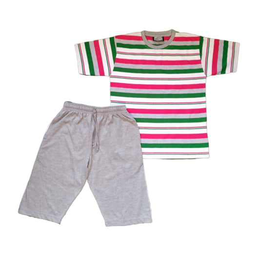 Boys Round Neck Cotton Striped T-Shirt & 3/4 Set for Kids, front view
