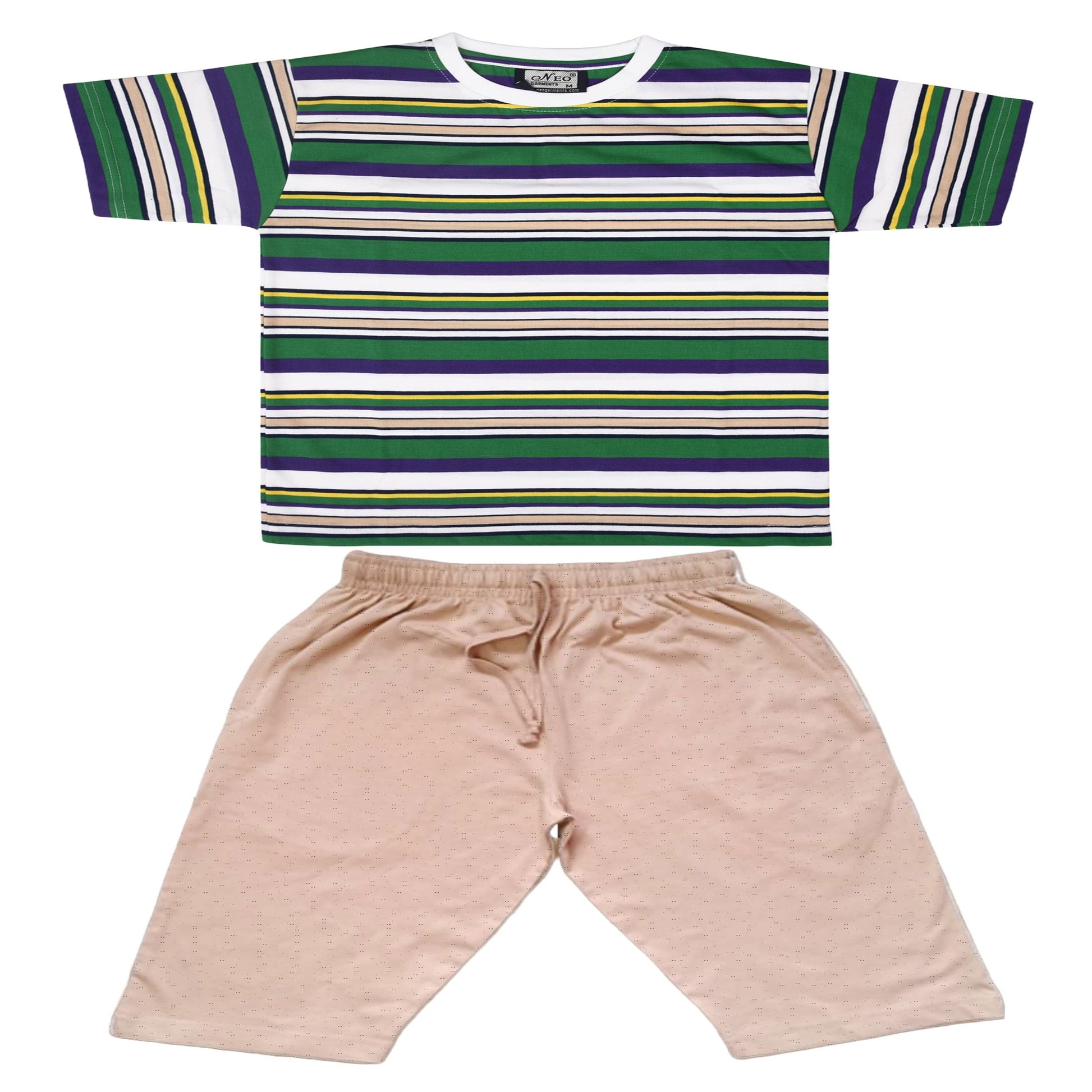  Boys Round Neck Cotton Striped T-Shirt & 3/4 Set for Kids., front view