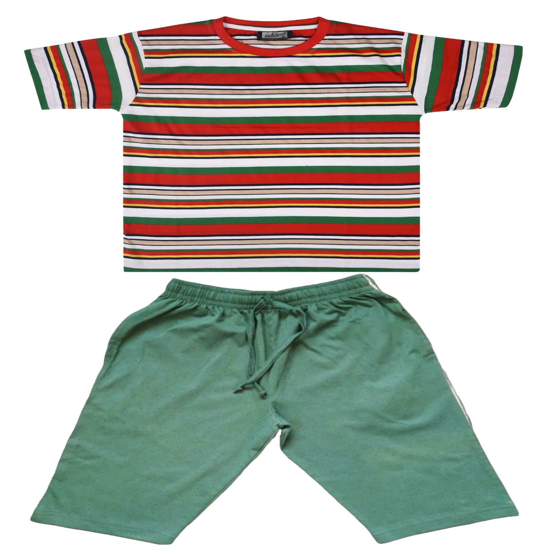 Boys Round Neck Cotton Striped T-Shirt & 3/4 Set for Kids, front view