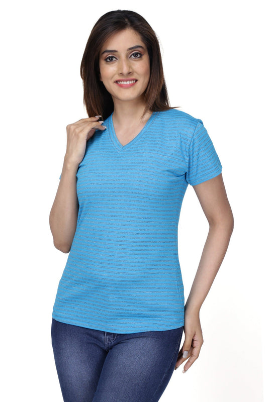 Women's Multi-colored Half Sleeve Cotton V-Neck Striped T-Shirt , front view