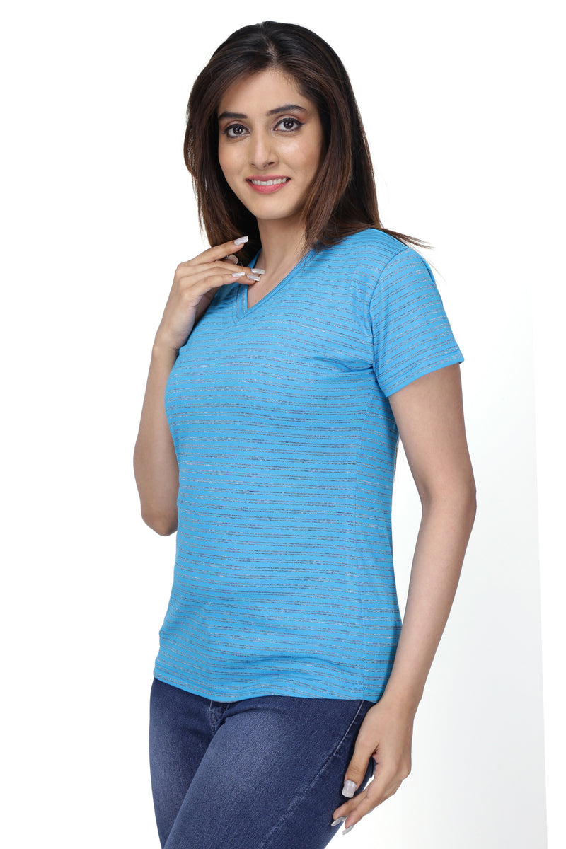 Women's Multi-colored Half Sleeve Cotton V-Neck Striped T-Shirt | SIZE FROM S-32" TO 3XL - 42"