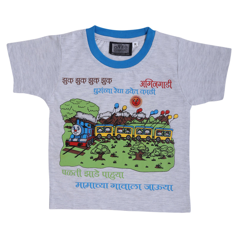 NEO GARMENTS Kids Unisex Round Neck Printed Cotton T-shirt - मामाच्या गावाला जाऊया | SIZE FROM 1 YRS TO 7 YRS.