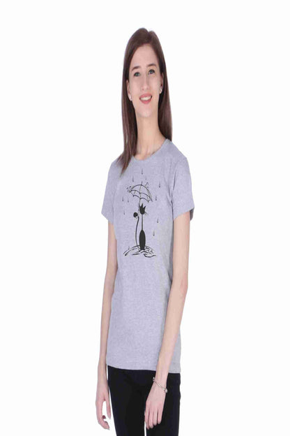 Women's Cotton Round Neck T-shirt - UMBRELLA CAT , front view